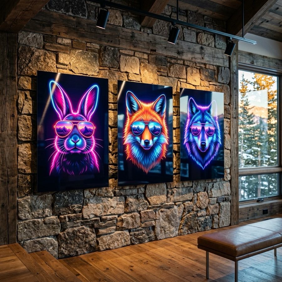 Three neon animal metal prints displayed on a stone gallery wall